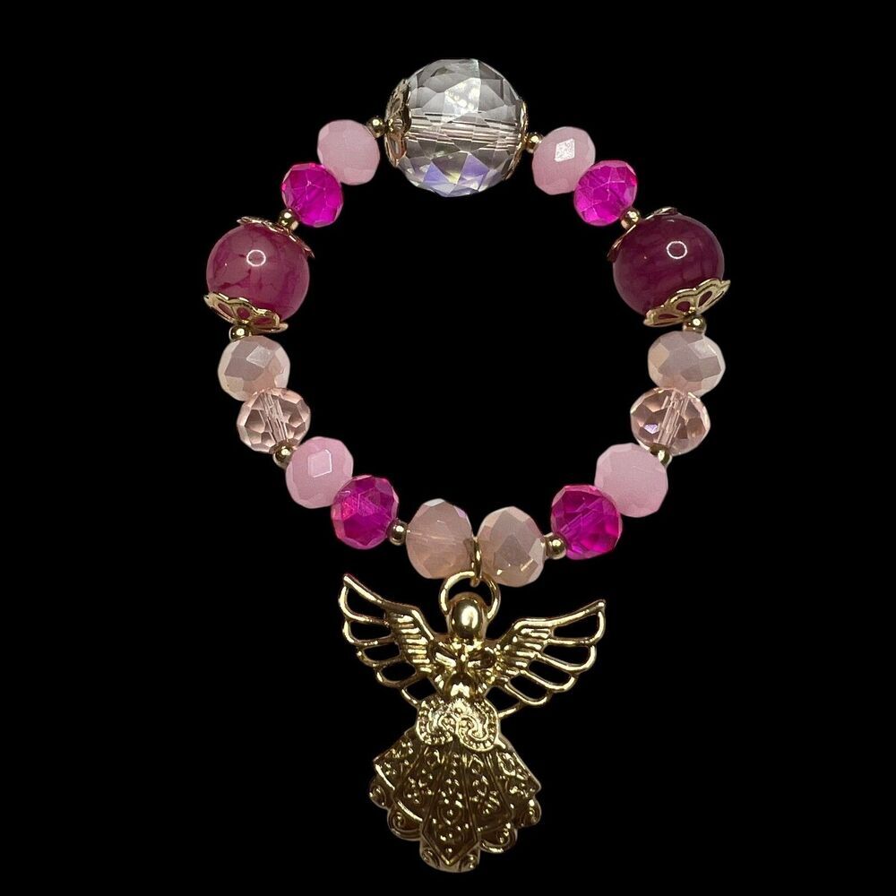 Natural Stone Beaded Bracelet Angel Charm‎ Stretch Pink Crystal Jewelry Women